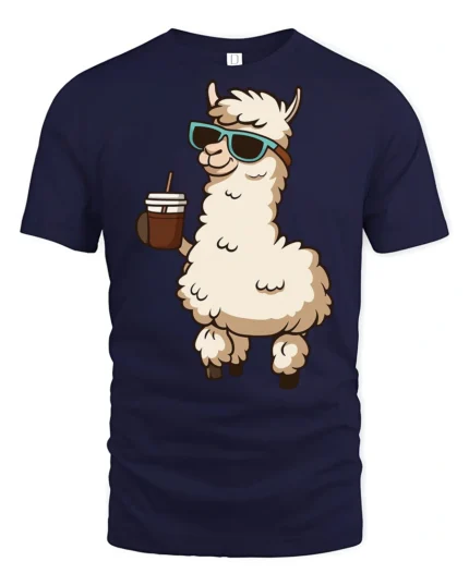 Cute Llama Drinking Coffee Cool Style Cartoon Graphic Tee Shirt - navy t-shirt on white background