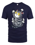 Silly Climbing Cat Wide Eyes Cute Cartoon Graphic Tee Shirt - navy t-shirt on white background