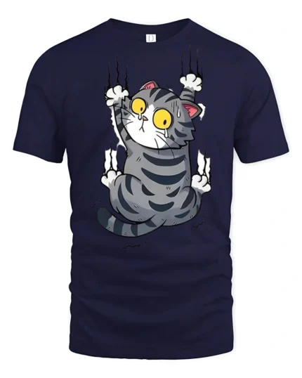 Silly Climbing Cat Wide Eyes Cute Cartoon Graphic Tee Shirt - navy t-shirt on white background