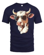 Cool Farm Cow Thumbs Up Cartoon Funny Graphic T Shirt - navy t-shirt on white background