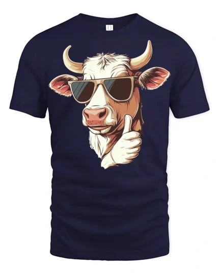 Cool Farm Cow Thumbs Up Cartoon Funny Graphic T Shirt - navy t-shirt on white background