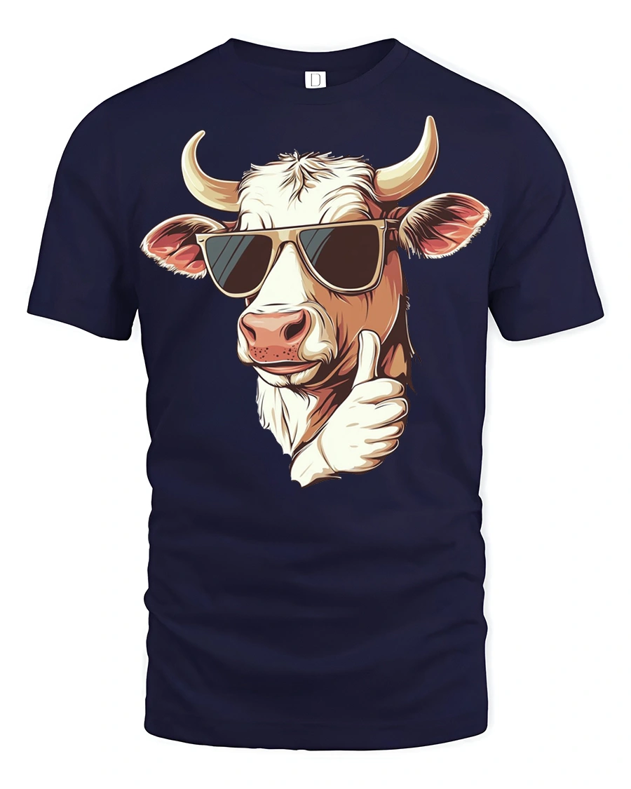 Cool Farm Cow Thumbs Up Cartoon Funny Graphic T Shirt - 1 Cool Farm Cow Thumbs Up Cartoon Funny Graphic T Shirt - navy t-shirt on white background