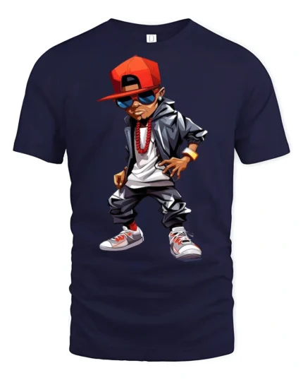 Urban Hip Hop Boy Style Street Fashion Graphic Tee Shirt - navy t-shirt on white background