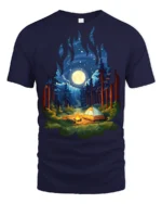 Camping Night Forest Moon Campfire Nature Graphic T Shirt - navy t-shirt on white background