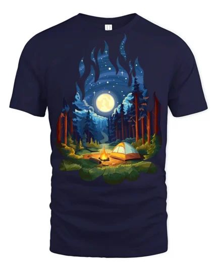 Camping Night Forest Moon Campfire Nature Graphic T Shirt - navy t-shirt on white background