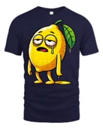 Exhausted Lemon Character Funny Cartoon Graphic Tee Shirt - navy t-shirt on white background