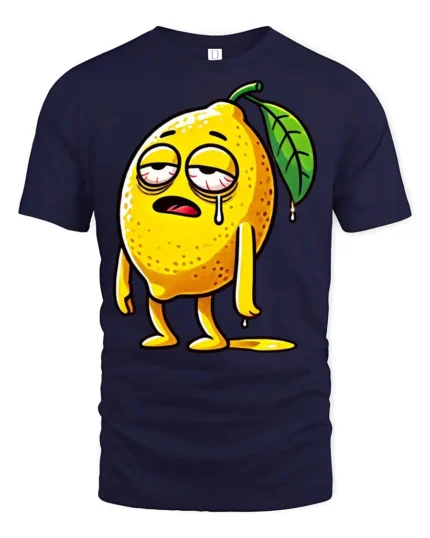 Exhausted Lemon Character Funny Cartoon Graphic Tee Shirt - navy t-shirt on white background