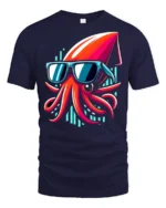 Cool Squid With Sunglasses Neon Ocean Funny Graphic T Shirt - navy t-shirt on white background