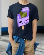 Retro Game Console Ice Cream Funny Gamer Graphic T Shirt - model wearing navy tee with hands in pockets