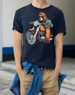 Funny Bear Biker Riding Motorcycle Street Style Graphic Tee - model wearing navy tee with hands in pockets