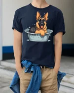 Cute German Shepherd Bath Time Funny Dog Graphic T Shirt - model wearing navy tee with hands in pockets