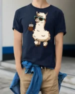 Cute Llama Drinking Coffee Cool Style Cartoon Graphic Tee Shirt - model wearing navy tee with hands in pockets