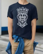 Tribal King Crown Face Abstract Art Graphic T Shirt - model wearing navy tee with hands in pockets