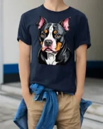 Cute Pitbull Dog Face Colorful Cartoon Graphic T Shirt - model wearing navy tee with hands in pockets