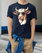Cool Farm Cow Thumbs Up Cartoon Funny Graphic T Shirt - model wearing navy tee with hands in pockets