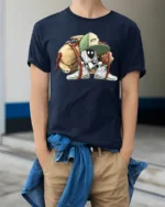 Street Style Spray Can Character Graffiti Urban Art T Shirt - model wearing navy tee with hands in pockets