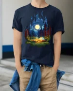 Camping Night Forest Moon Campfire Nature Graphic T Shirt - model wearing navy tee with hands in pockets