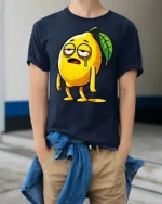 Exhausted Lemon Character Funny Cartoon Graphic Tee Shirt - model wearing navy tee with hands in pockets