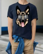 Cool German Shepherd Dog With Sunglasses Graphic T Shirt - model wearing navy tee with hands in pockets