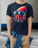 Cool Squid With Sunglasses Neon Ocean Funny Graphic T Shirt - model wearing navy tee with hands in pockets