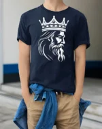 King Crown Beard Graphic Royal Power Minimalist T Shirt - model wearing navy tee with hands in pockets