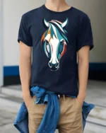 Colorful Horse Head Artistic Style Animal Graphic T Shirt - model wearing navy tee with hands in pockets
