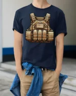 Tactical Military Vest Graphic Combat Style Gear T Shirt - model wearing navy tee with hands in pockets