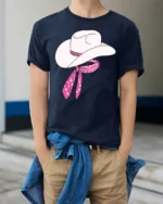 Cute Cowgirl Hat With Pink Bandana Western Style T Shirt - model wearing navy tee with hands in pockets