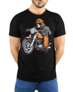 Funny Bear Biker Riding Motorcycle Street Style Graphic Tee - model wearing black tee with hands behind back