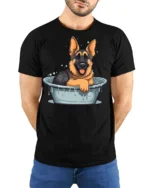 Cute German Shepherd Bath Time Funny Dog Graphic T Shirt - model wearing black tee with hands behind back