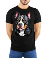 Cute Pitbull Dog Face Colorful Cartoon Graphic T Shirt - model wearing black tee with hands behind back