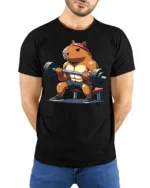 Strong Capybara Gym Lover Funny Fitness Graphic T Shirt - model wearing black tee with hands behind back