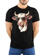 Cool Farm Cow Thumbs Up Cartoon Funny Graphic T Shirt - model wearing black tee with hands behind back