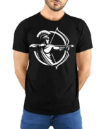 Ancient Greek Archer Spartan Warrior Graphic Tee Shirt - model wearing black tee with hands behind back