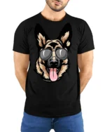 Cool German Shepherd Dog With Sunglasses Graphic T Shirt - model wearing black tee with hands behind back