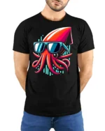 Cool Squid With Sunglasses Neon Ocean Funny Graphic T Shirt - model wearing black tee with hands behind back