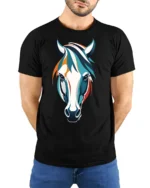 Colorful Horse Head Artistic Style Animal Graphic T Shirt - model wearing black tee with hands behind back