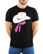 Cute Cowgirl Hat With Pink Bandana Western Style T Shirt - model wearing black tee with hands behind back