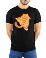 Funny Chubby Cat Butt Wiggle Cute Cartoon Graphic T Shirt - model wearing black tee with hands behind back