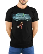 Retro Sports Car Traveler Adventure Cool Graphic T Shirt - model wearing black tee with hands behind back