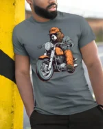 Funny Bear Biker Riding Motorcycle Street Style Graphic Tee - model wearing grey tee, leaning on column