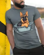 Cute German Shepherd Bath Time Funny Dog Graphic T Shirt - model wearing grey tee, leaning on column