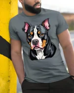 Cute Pitbull Dog Face Colorful Cartoon Graphic T Shirt - model wearing grey tee, leaning on column