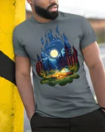 Camping Night Forest Moon Campfire Nature Graphic T Shirt - model wearing grey tee, leaning on column