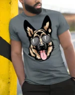 Cool German Shepherd Dog With Sunglasses Graphic T Shirt - model wearing grey tee, leaning on column