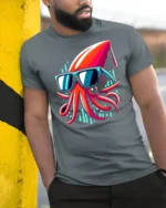 Cool Squid With Sunglasses Neon Ocean Funny Graphic T Shirt - model wearing grey tee, leaning on column