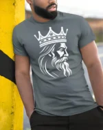 King Crown Beard Graphic Royal Power Minimalist T Shirt - model wearing grey tee, leaning on column