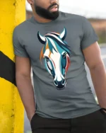 Colorful Horse Head Artistic Style Animal Graphic T Shirt - model wearing grey tee, leaning on column