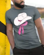 Cute Cowgirl Hat With Pink Bandana Western Style T Shirt - model wearing grey tee, leaning on column
