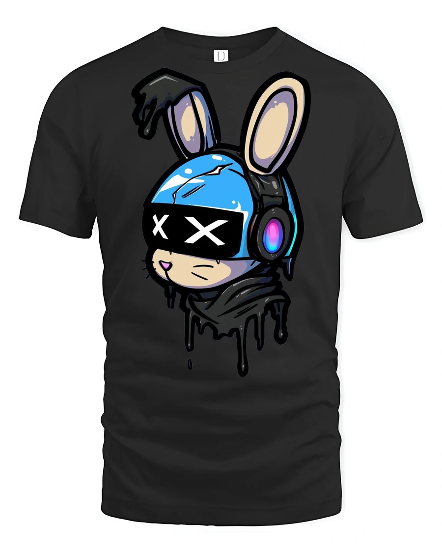 Cyber Bunny Headphones Graphic T Shirt Cute Street Art Style - 1 Cyber Bunny Headphones Graphic T Shirt Cute Street Art Style - black t-shirt on white background